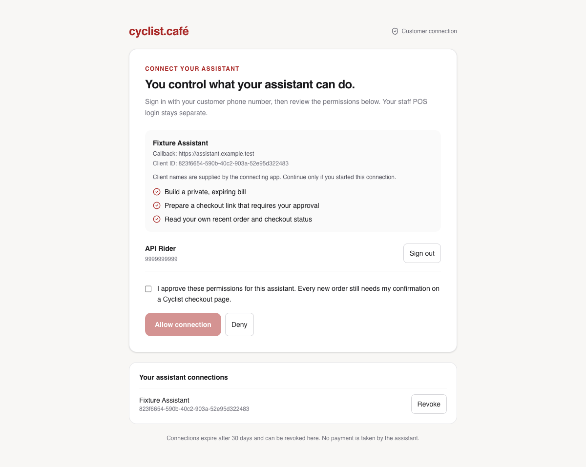Customer consent page listing the connecting client and requested order permissions.