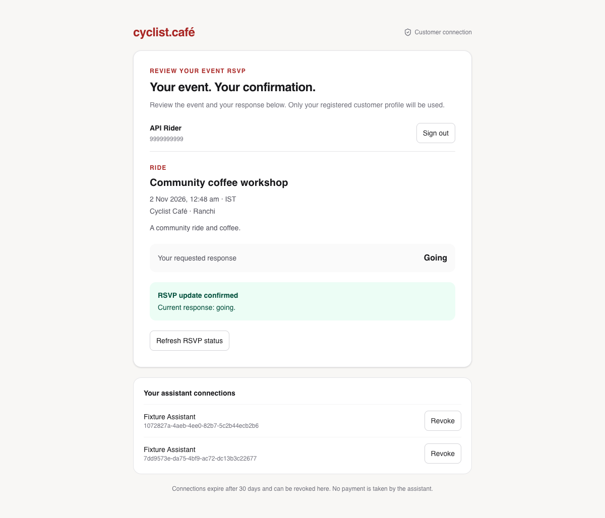 Cyclist event confirmation showing the selected workshop and a confirmed Going response.